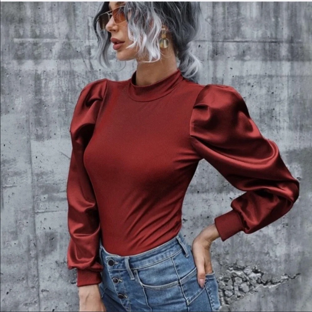 Ribbed Long Sleeve Puff Top- PINK - Picture 10 of 13